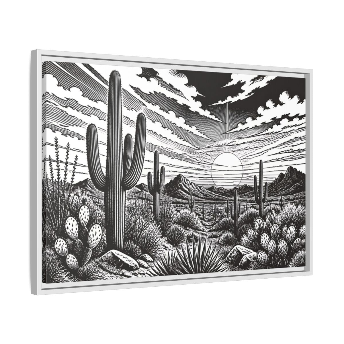 Side Mockup 10. Saguaro Desert Sunset shown as framed canvas print