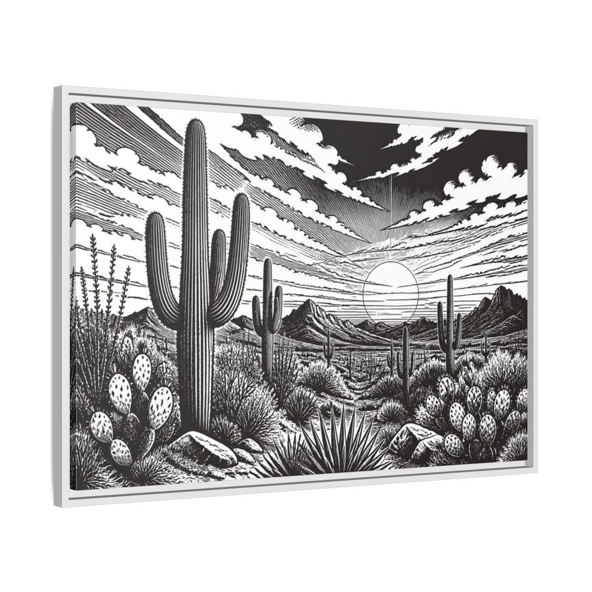 Side Mockup 9. Saguaro Desert Sunset shown as framed canvas print