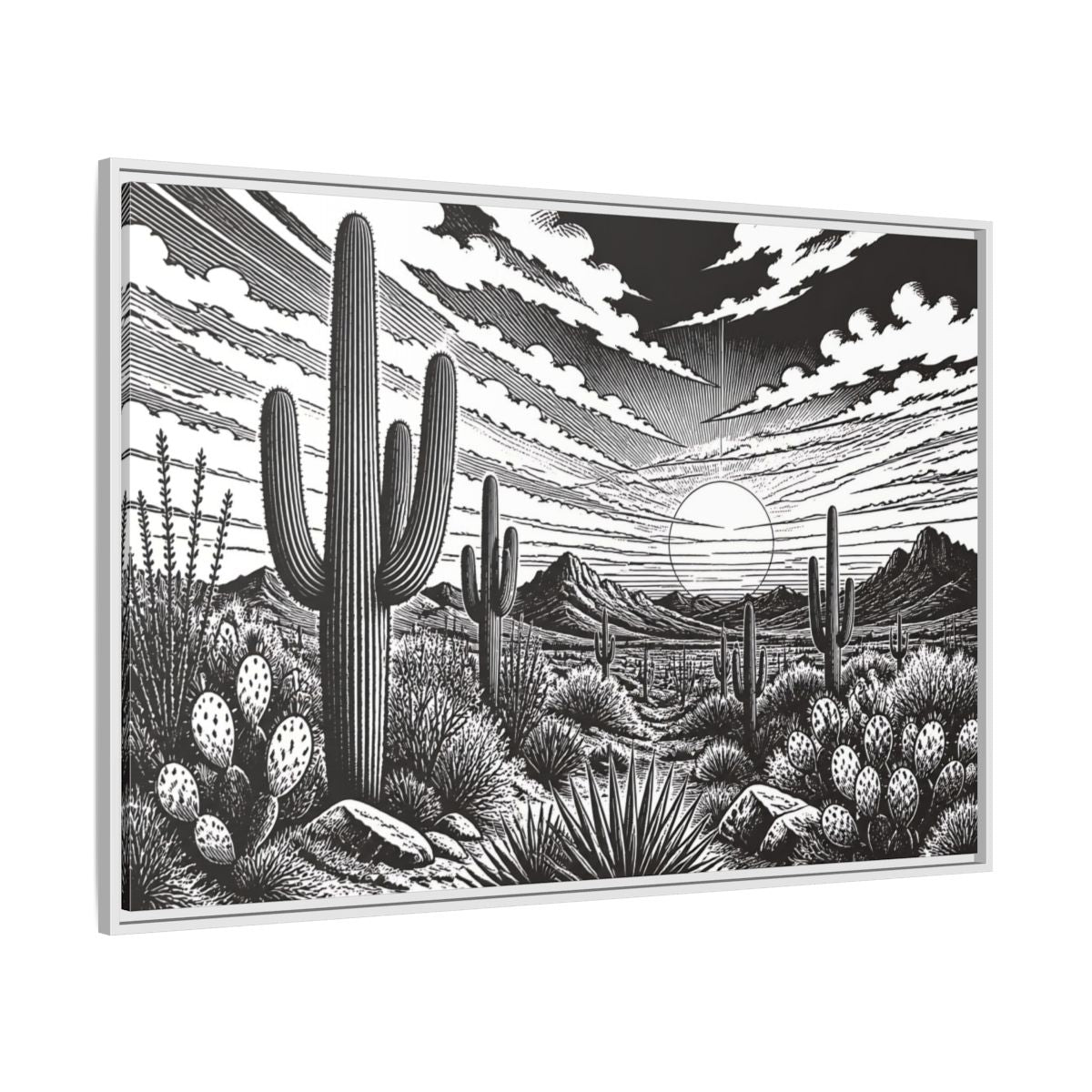 Side Mockup 7. Saguaro Desert Sunset shown as framed canvas print