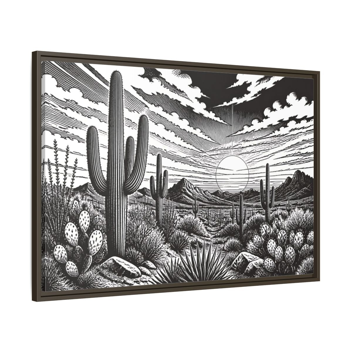Main Mockup. Saguaro Desert Sunset shown as framed canvas print