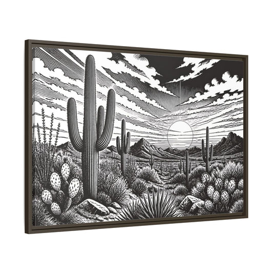 Main Mockup. Saguaro Desert Sunset shown as framed canvas print