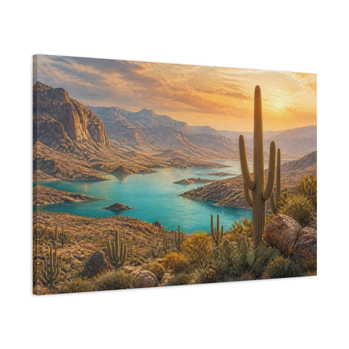 Main Mockup. Saguaro Landscape At Sunset shown as canvas print