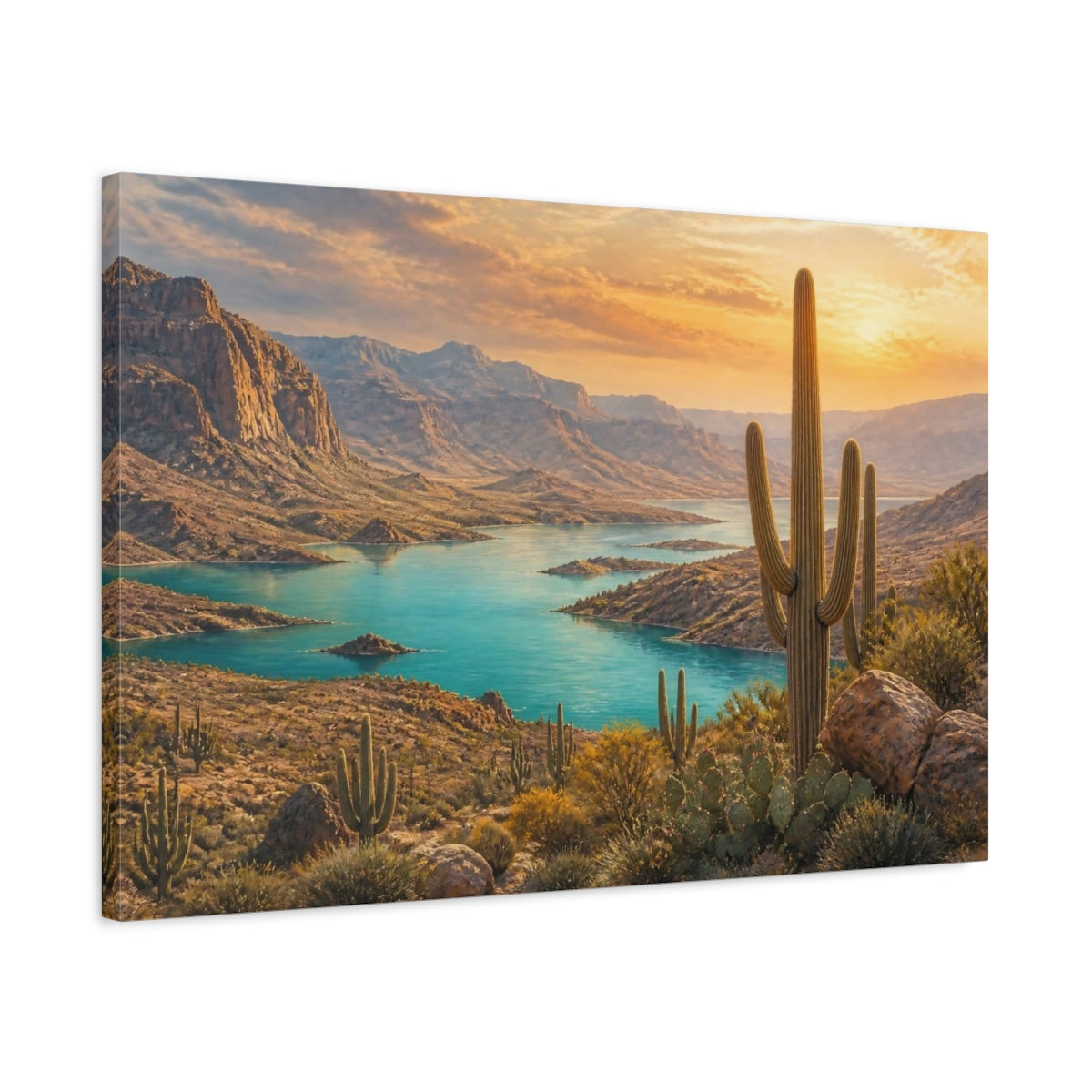 Side Mockup 2. Saguaro Landscape At Sunset shown as canvas print