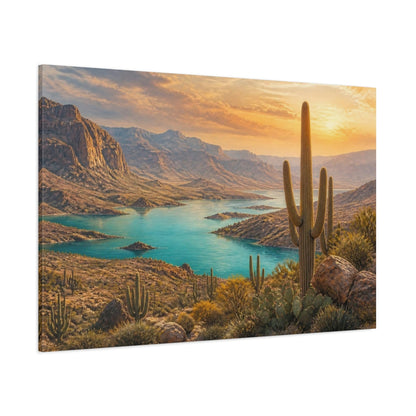 Side Mockup 1. Saguaro Landscape At Sunset shown as canvas print
