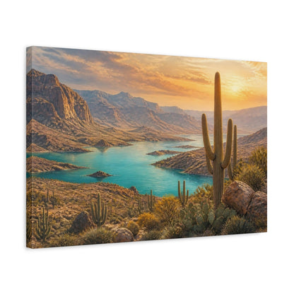 Side Mockup 3. Saguaro Landscape At Sunset shown as canvas print