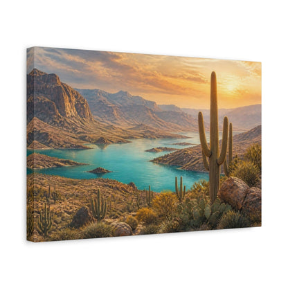 Side Mockup 4. Saguaro Landscape At Sunset shown as canvas print