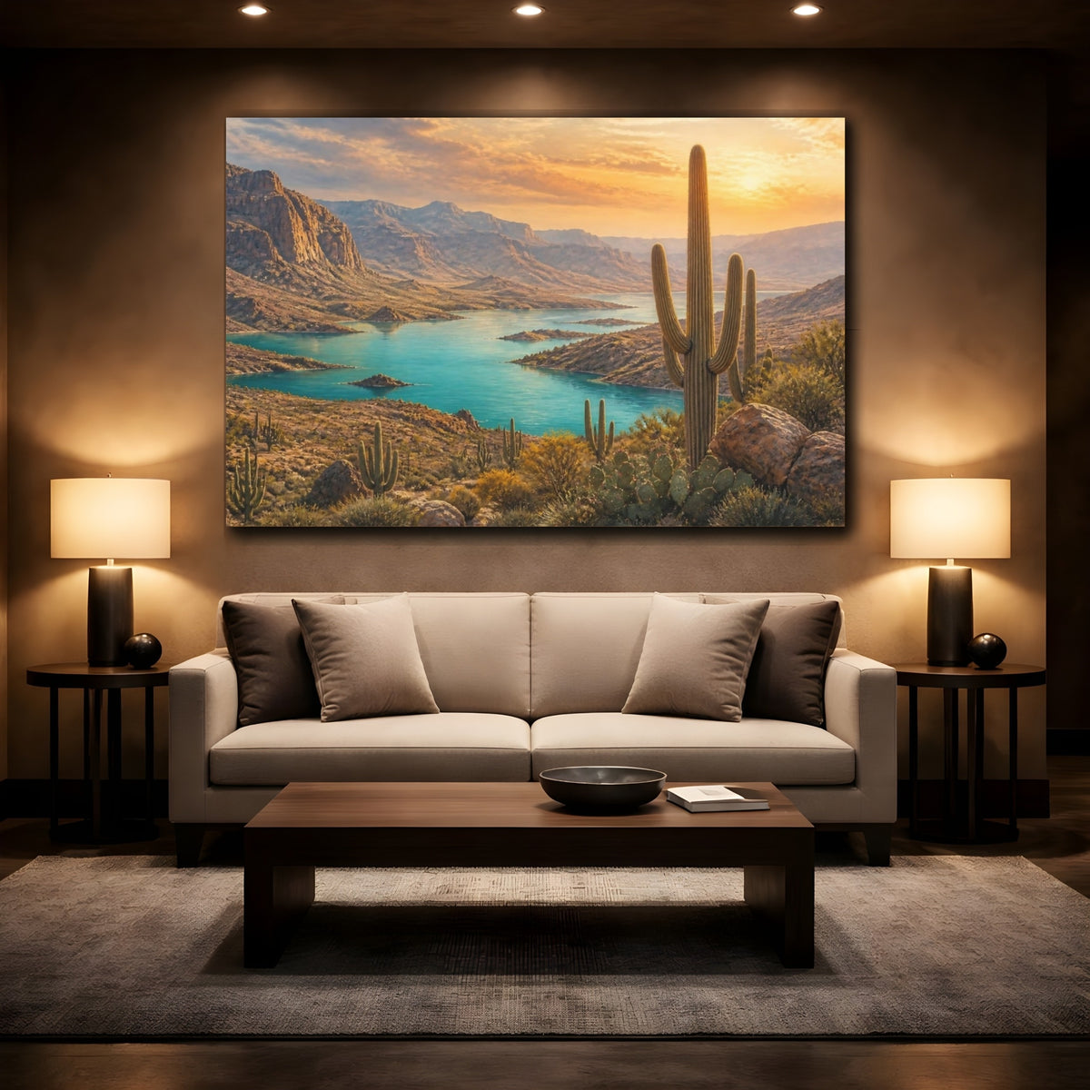 Mockup 2. Saguaro Landscape At Sunset shown as canvas print