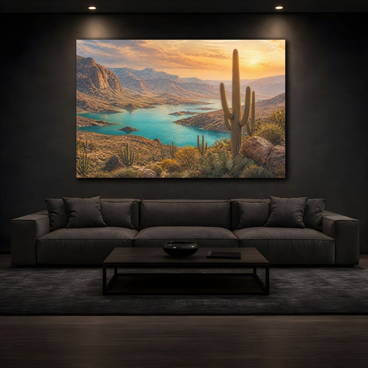 Mockup 3. Saguaro Landscape At Sunset shown as canvas print