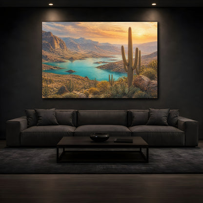 Mockup 3. Saguaro Landscape At Sunset shown as canvas print