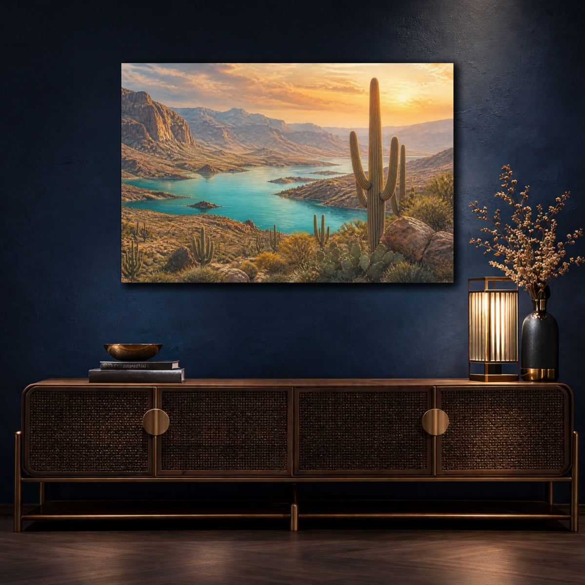 Mockup 4. Saguaro Landscape At Sunset shown as canvas print