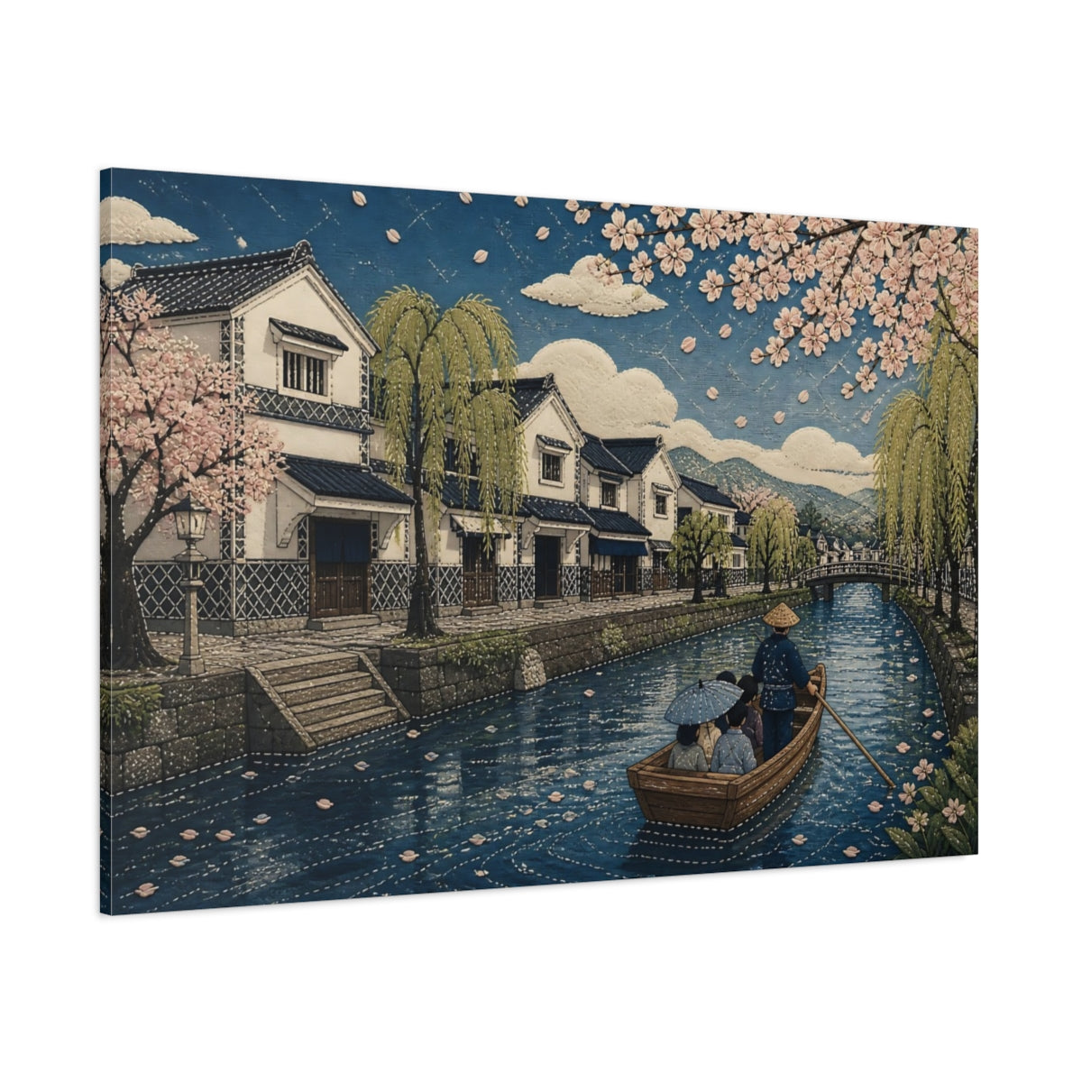 Side Mockup 1. Sakura Canal Boat Ride shown as canvas print