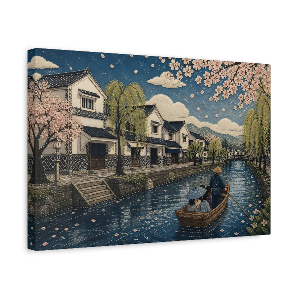 Side Mockup 4. Sakura Canal Boat Ride shown as canvas print