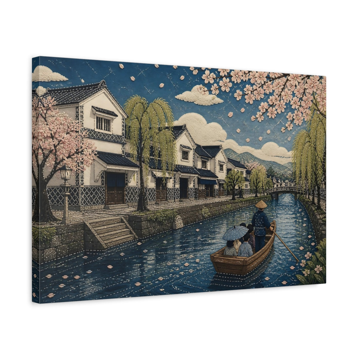 Side Mockup 3. Sakura Canal Boat Ride shown as canvas print