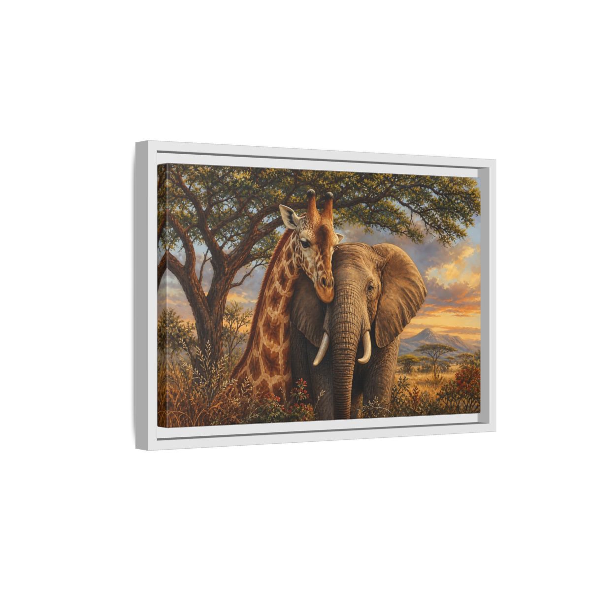 Side Mockup 4. Savanna Companions At Sunset shown as framed canvas print