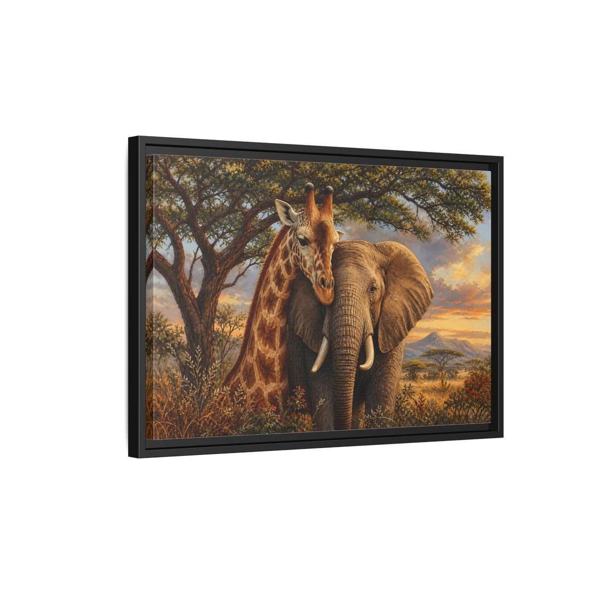 Side Mockup 3. Savanna Companions At Sunset shown as framed canvas print