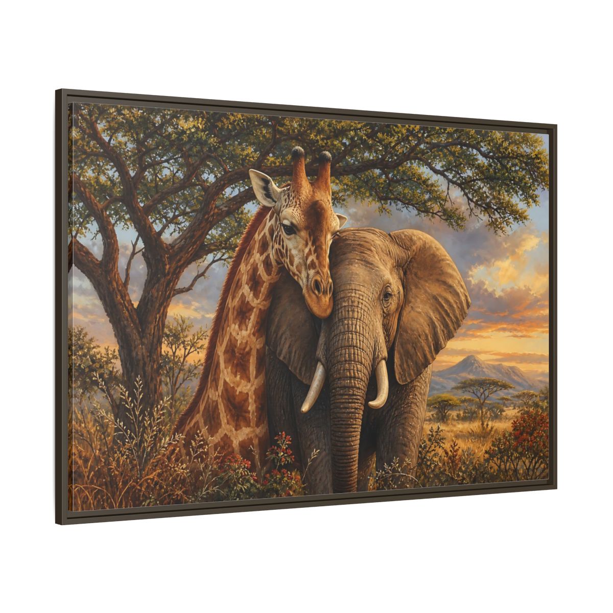 Side Mockup 8. Savanna Companions At Sunset shown as framed canvas print
