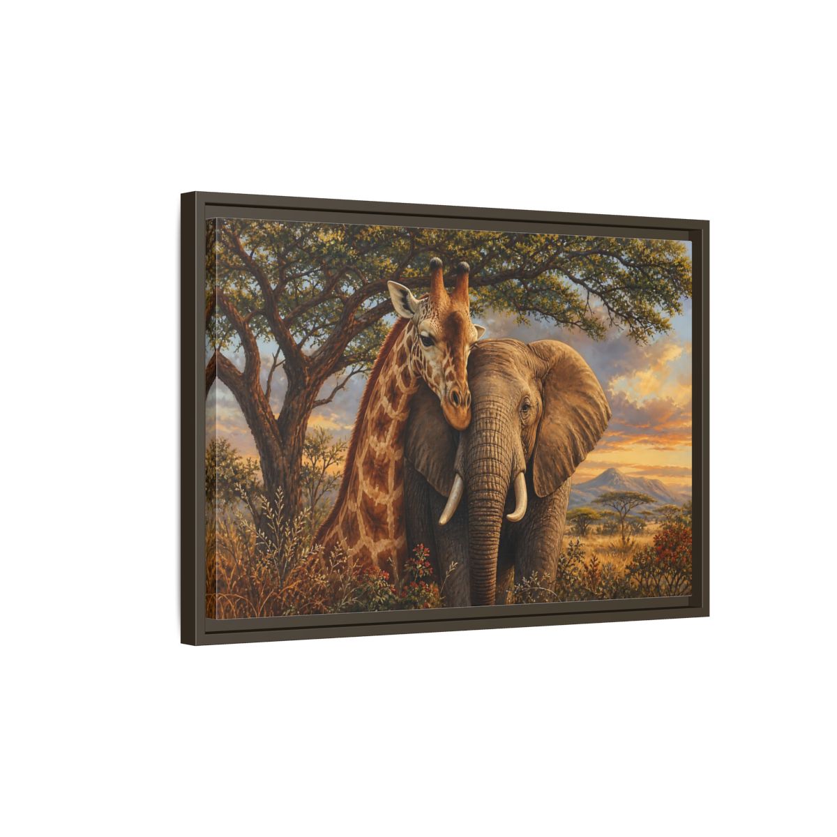 Side Mockup 2. Savanna Companions At Sunset shown as framed canvas print