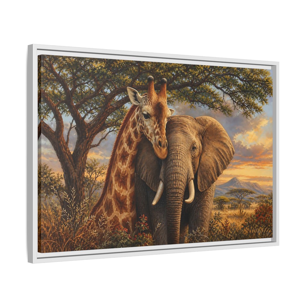 Side Mockup 10. Savanna Companions At Sunset shown as framed canvas print