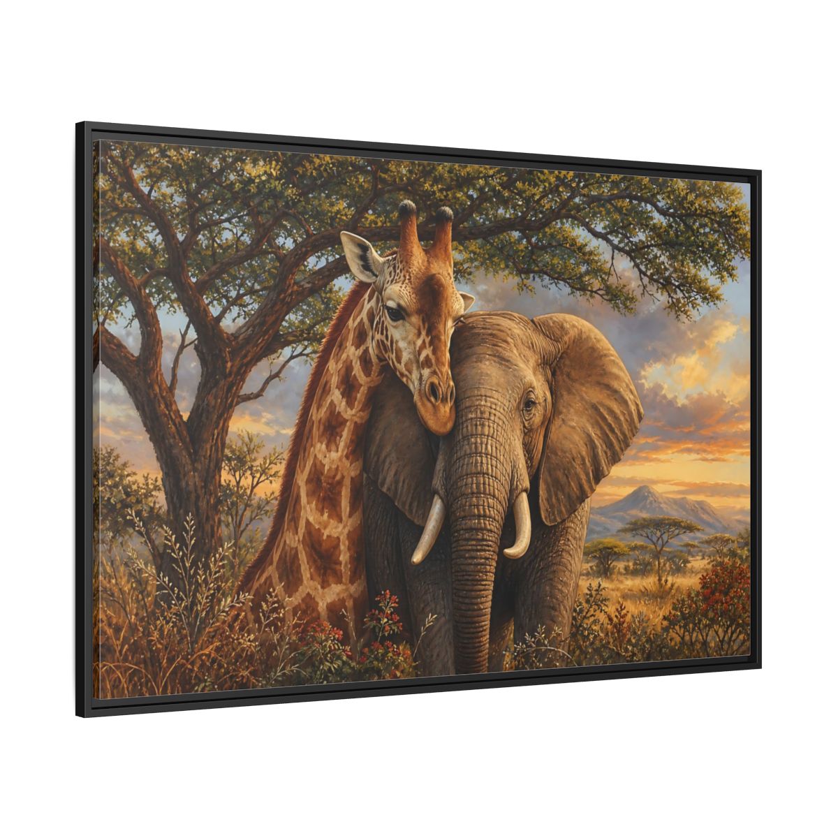 Side Mockup 12. Savanna Companions At Sunset shown as framed canvas print