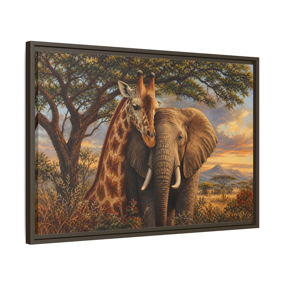 Side Mockup 11. Savanna Companions At Sunset shown as framed canvas print