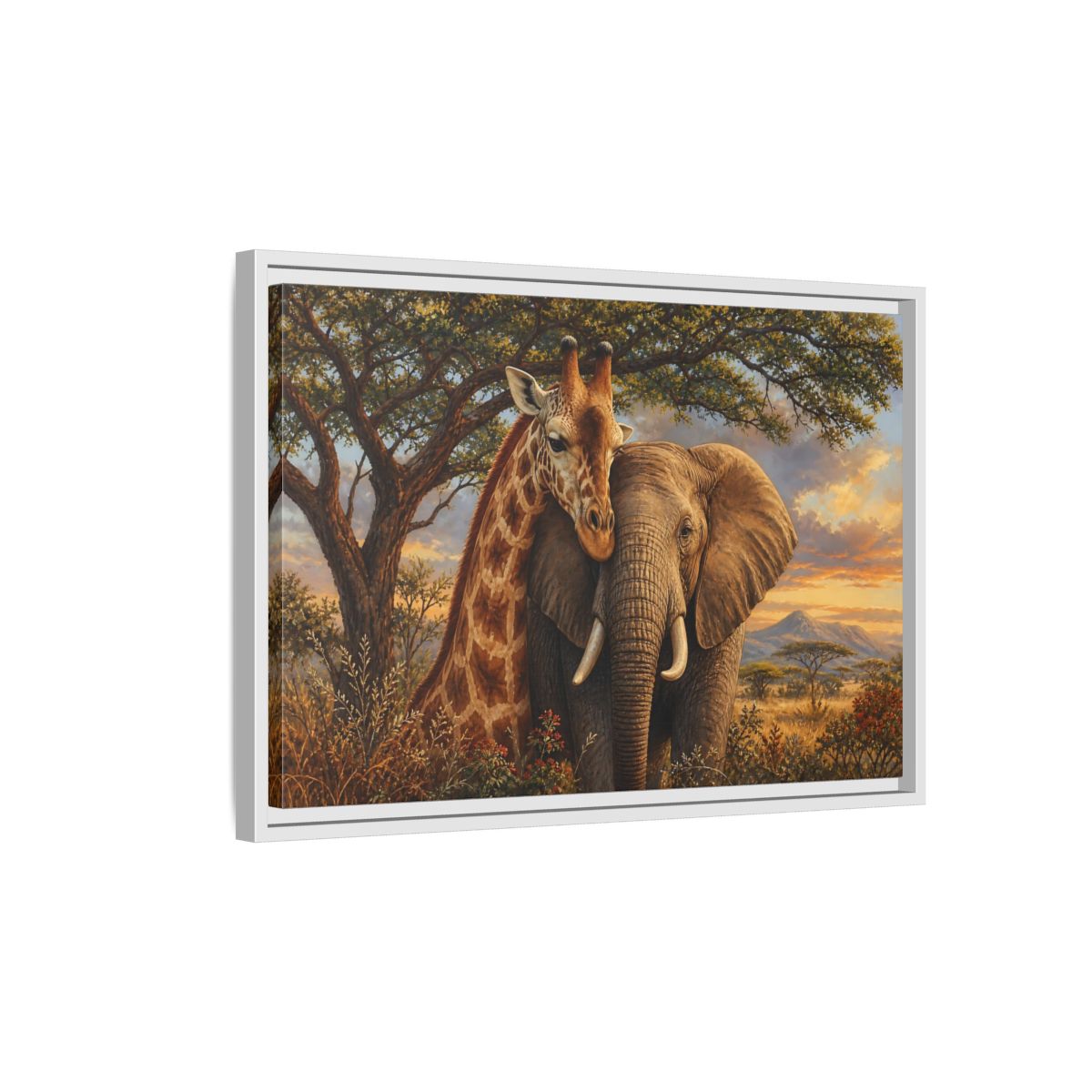 Side Mockup 1. Savanna Companions At Sunset shown as framed canvas print