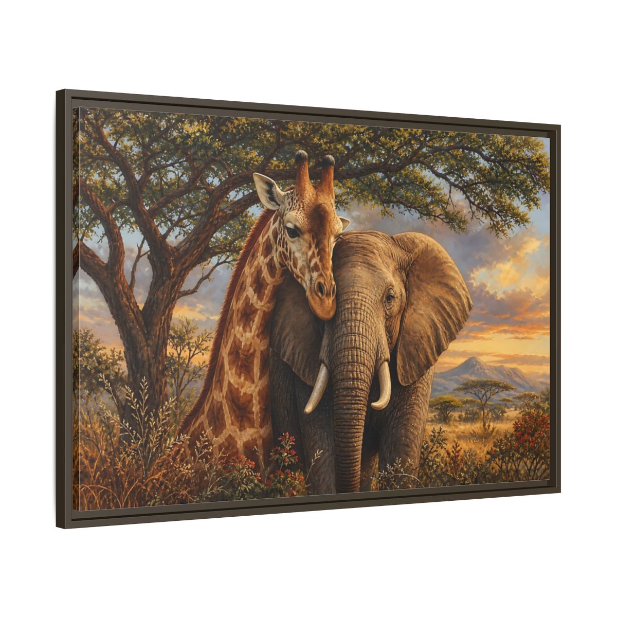 Main Mockup. Savanna Companions At Sunset shown as framed canvas print