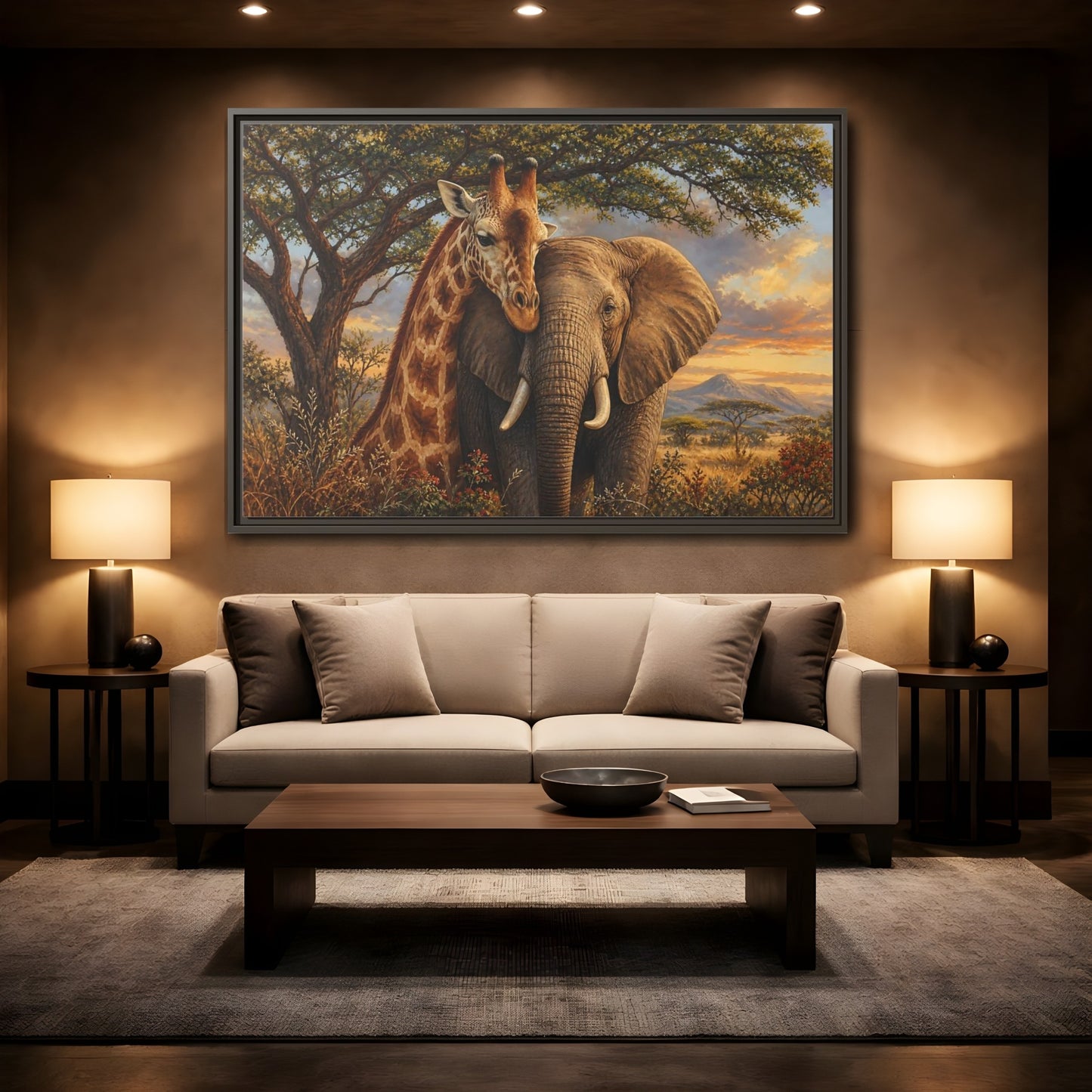 Mockup 2. Savanna Companions At Sunset shown as framed canvas print