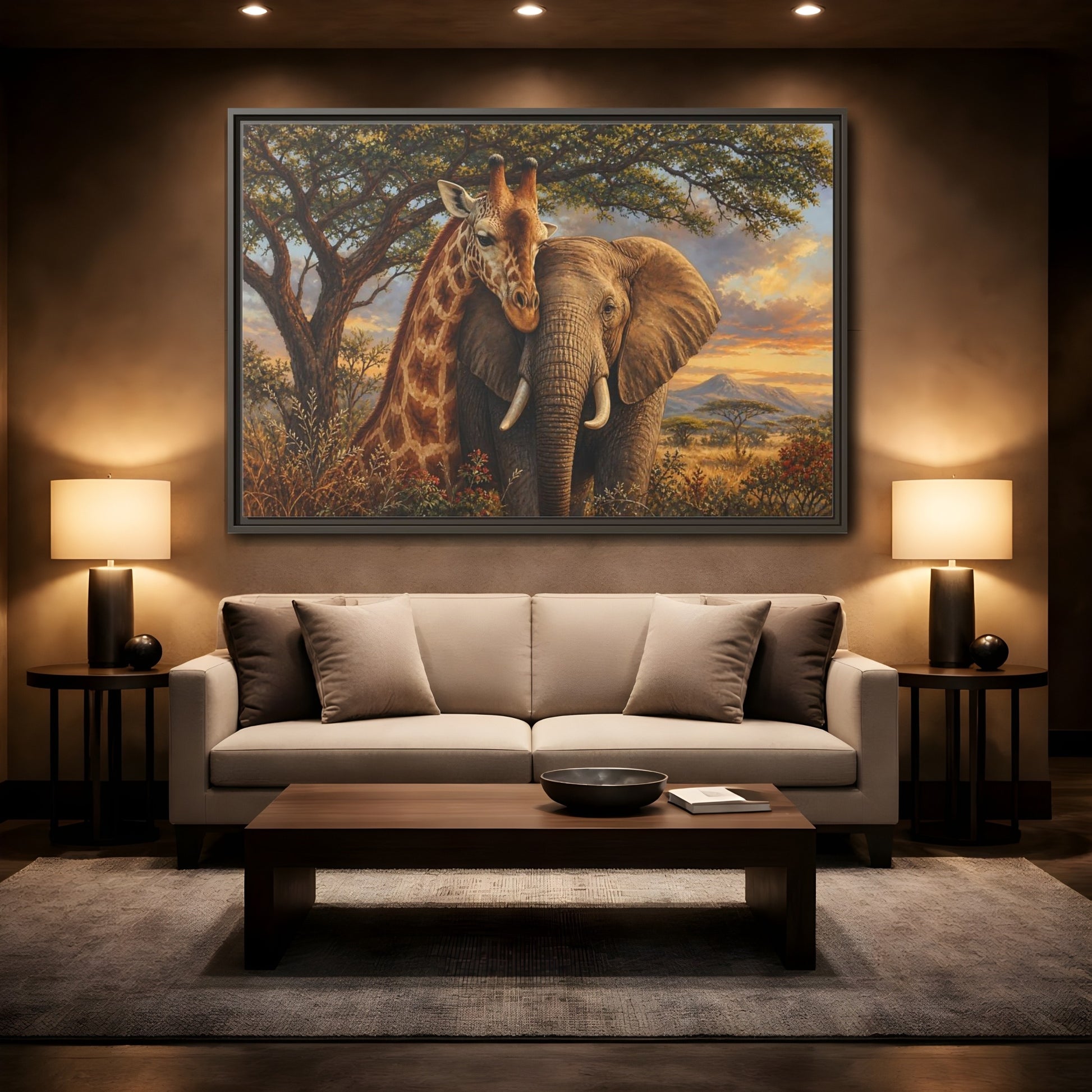 Mockup 2. Savanna Companions At Sunset shown as framed canvas print