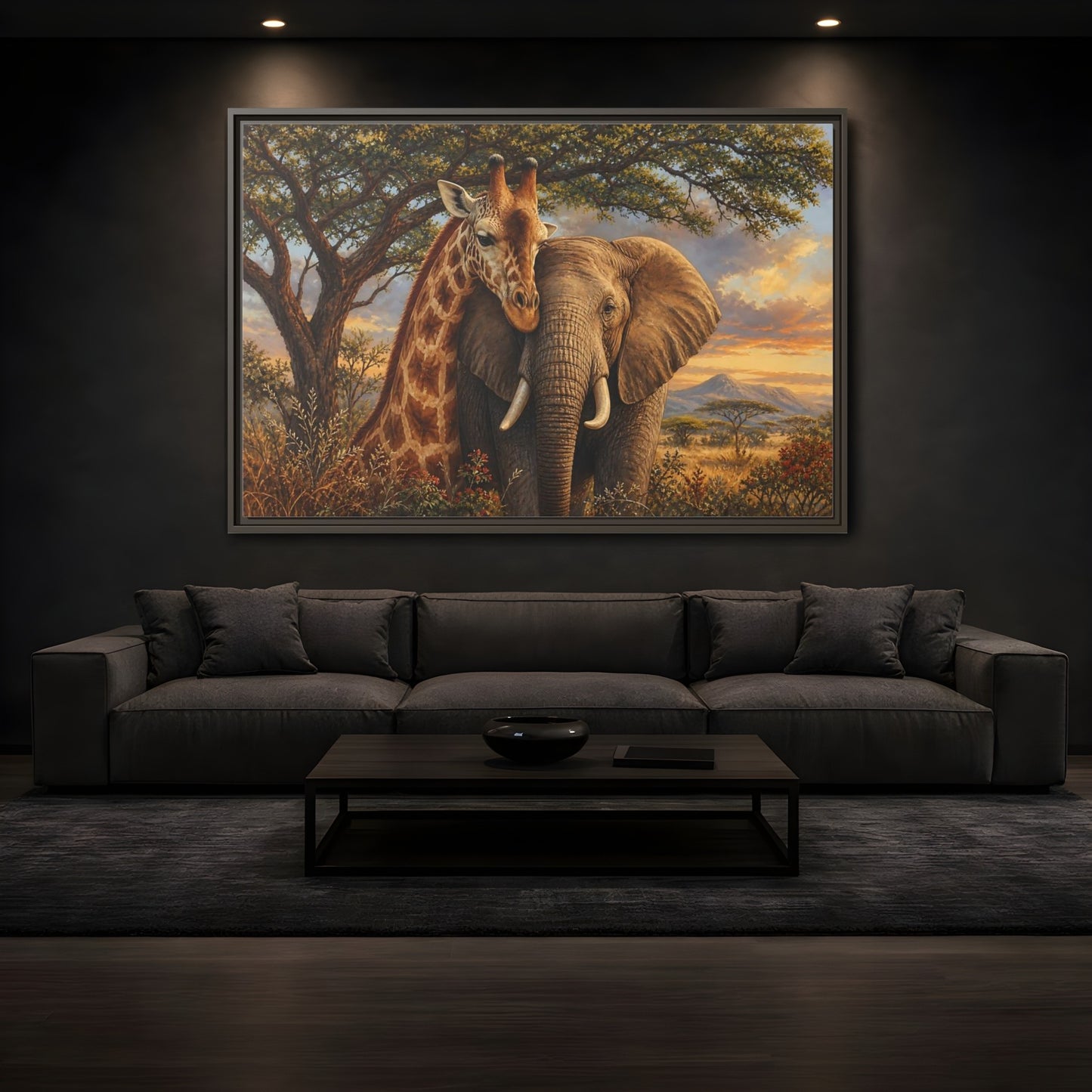Mockup 3. Savanna Companions At Sunset shown as framed canvas print