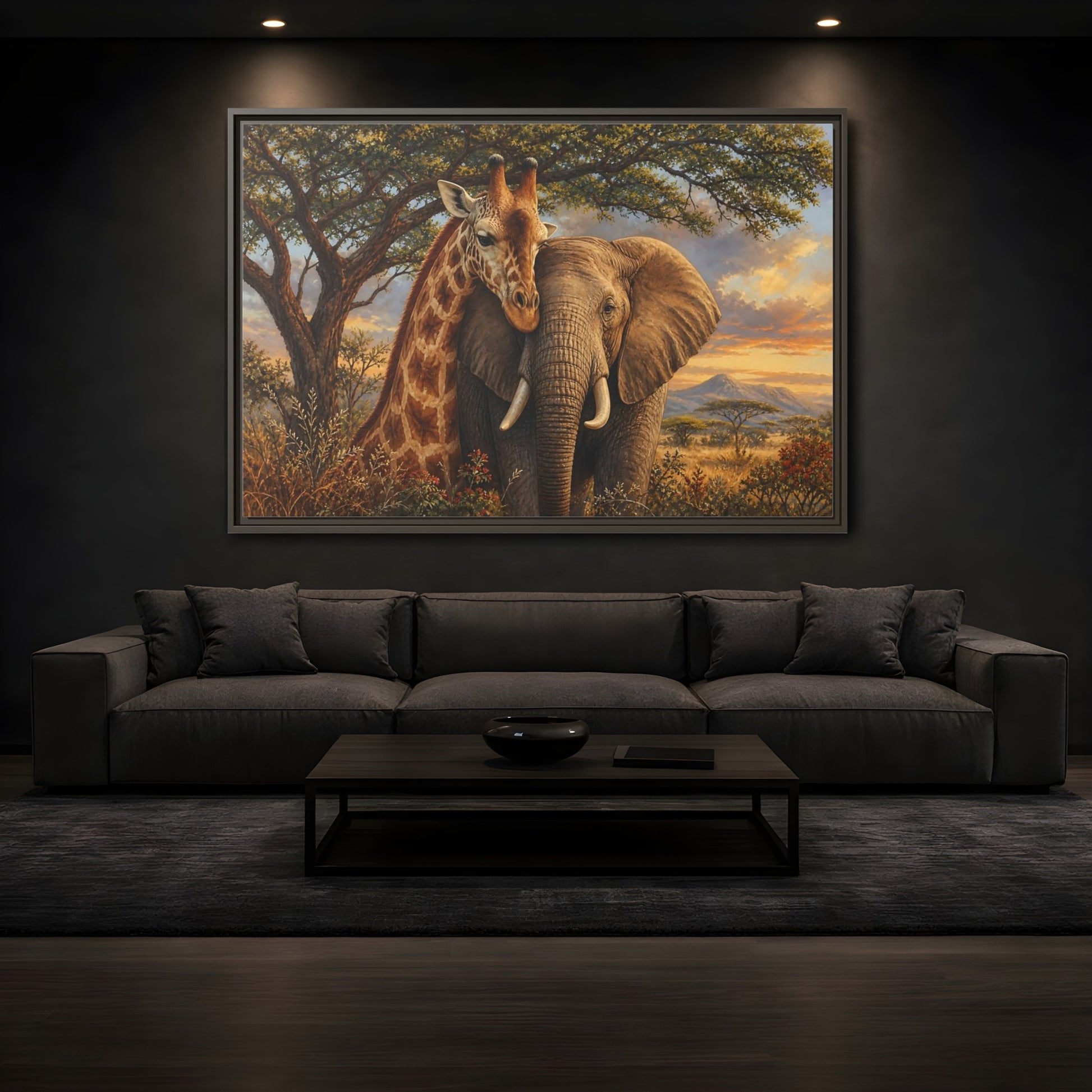 Mockup 3. Savanna Companions At Sunset shown as framed canvas print