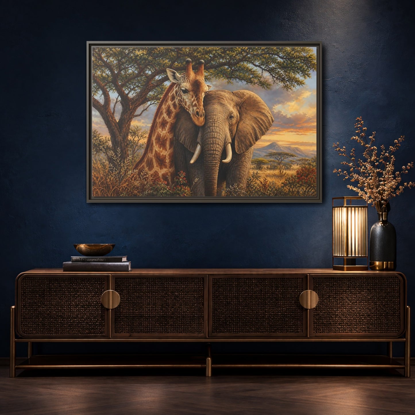 Mockup 4. Savanna Companions At Sunset shown as framed canvas print