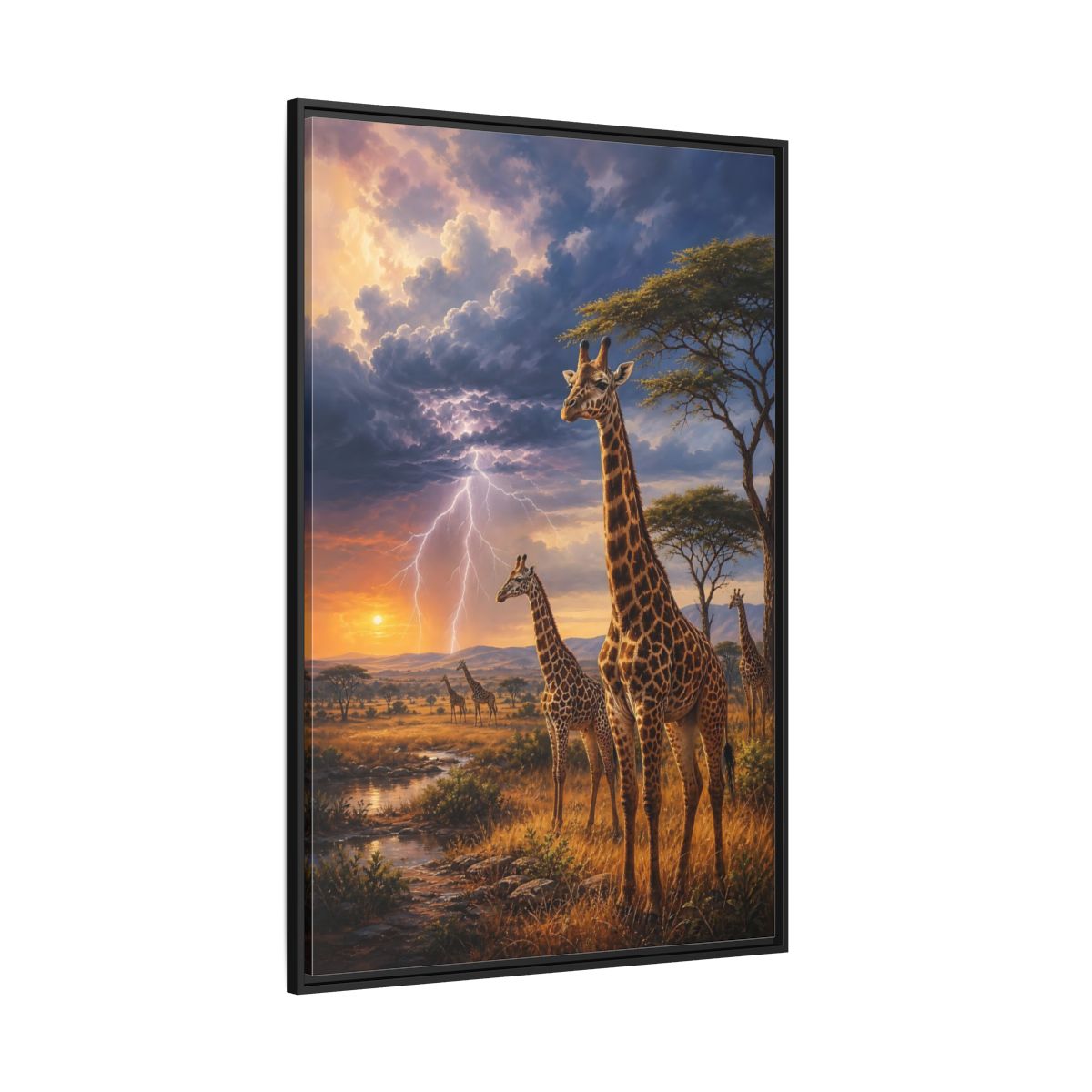Side Mockup 12. Savanna Sunset Giraffes shown as framed canvas print