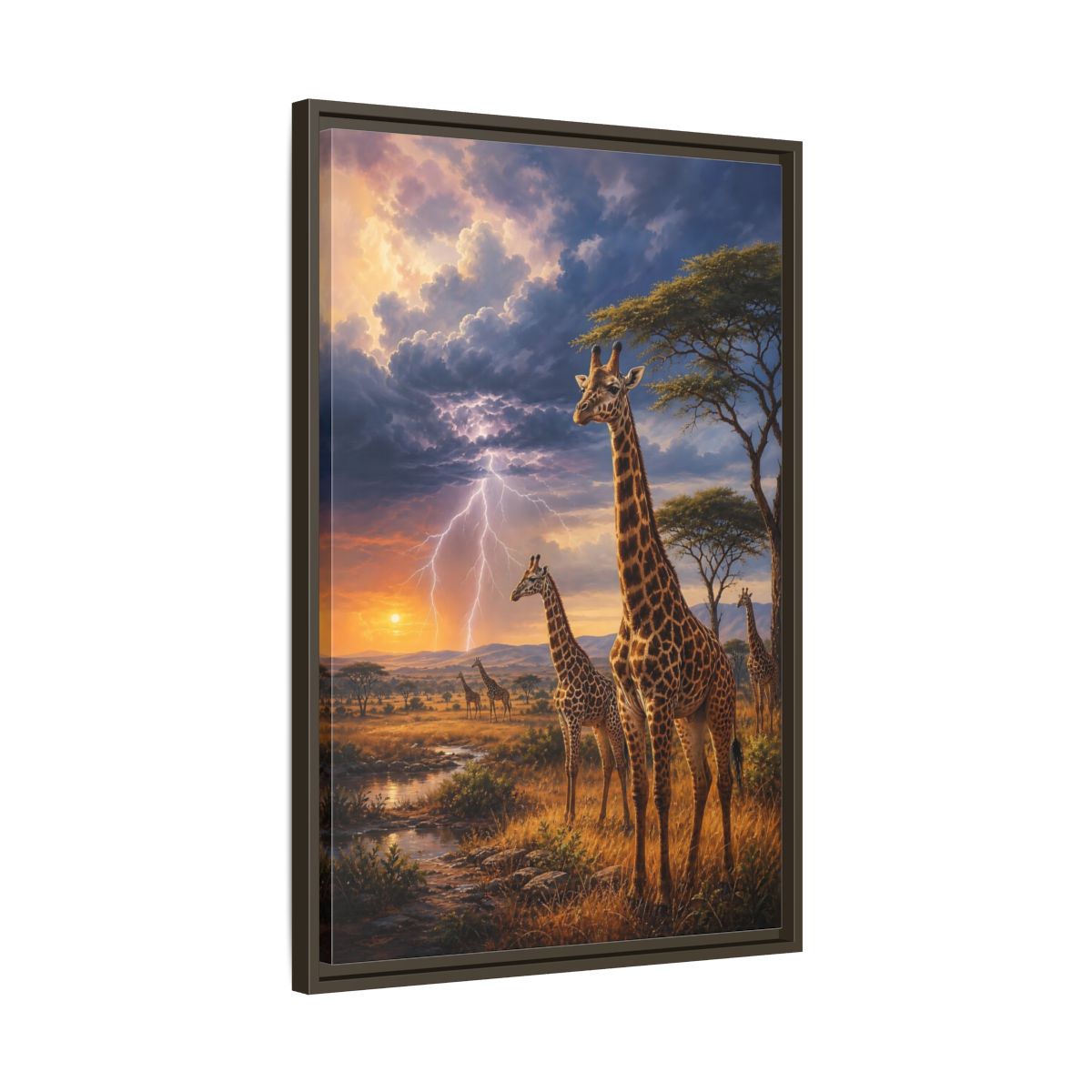 Side Mockup 11. Savanna Sunset Giraffes shown as framed canvas print