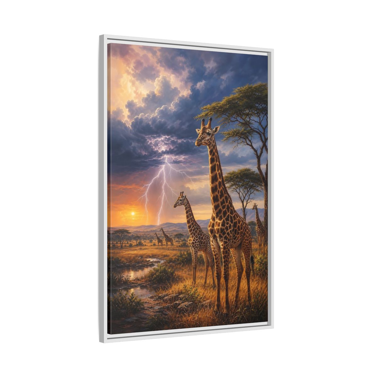 Side Mockup 9. Savanna Sunset Giraffes shown as framed canvas print