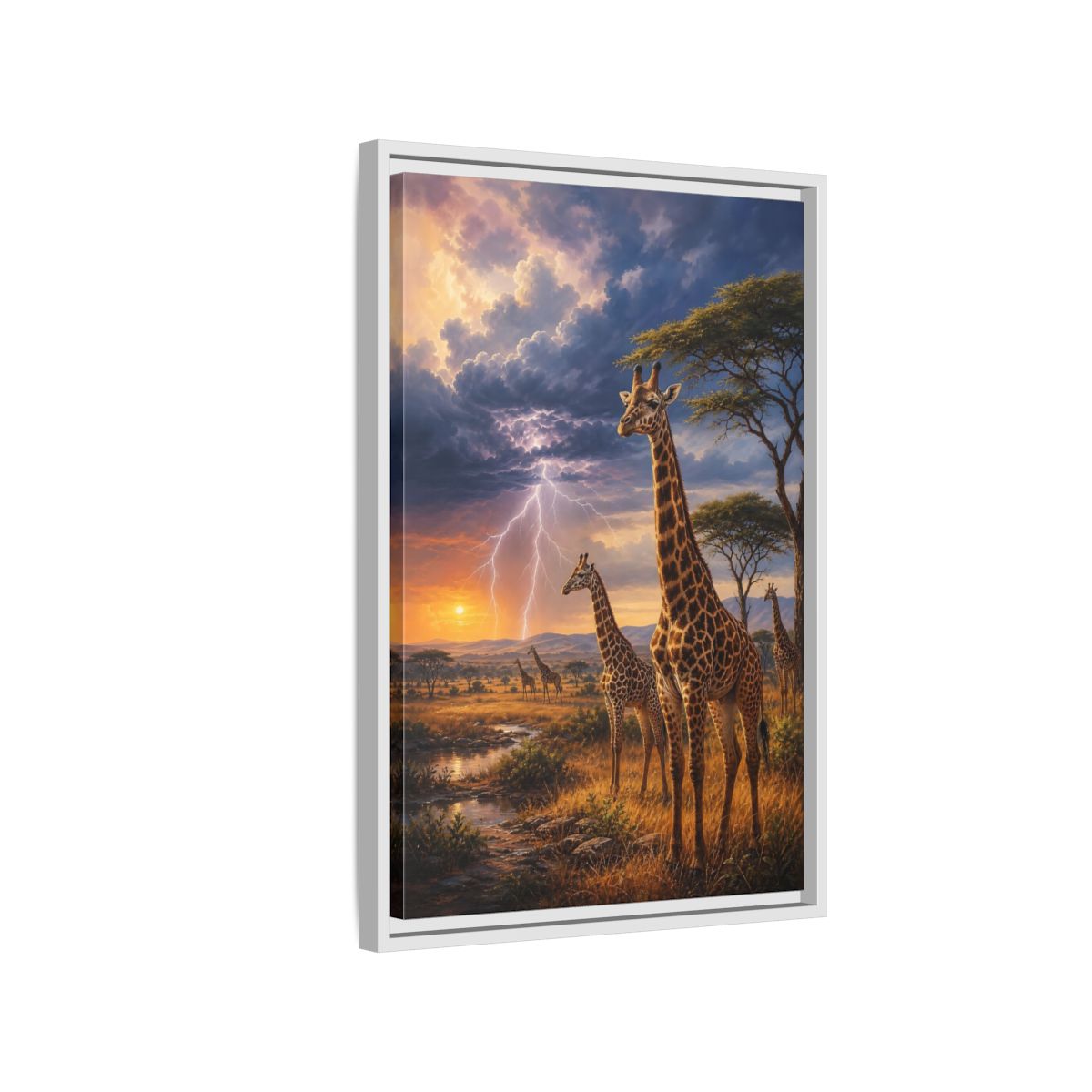 Side Mockup 1. Savanna Sunset Giraffes shown as framed canvas print