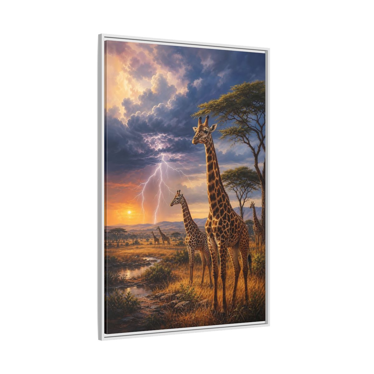 Side Mockup 7. Savanna Sunset Giraffes shown as framed canvas print