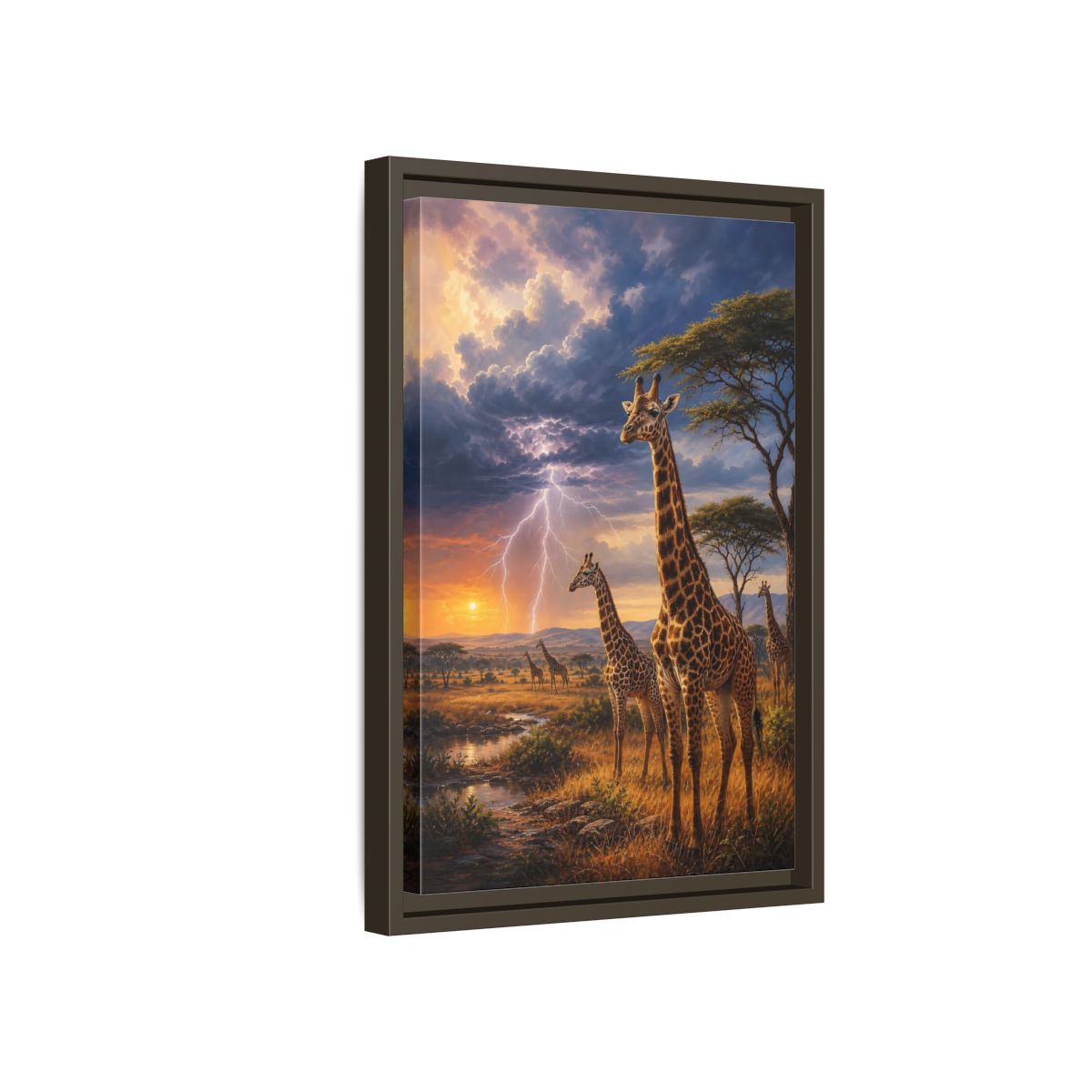 Side Mockup 5. Savanna Sunset Giraffes shown as framed canvas print