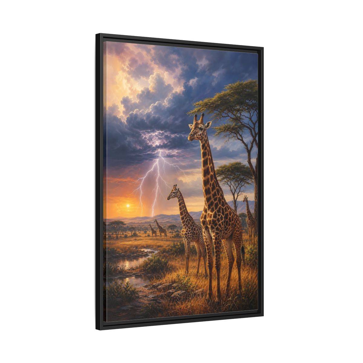Side Mockup 13. Savanna Sunset Giraffes shown as framed canvas print