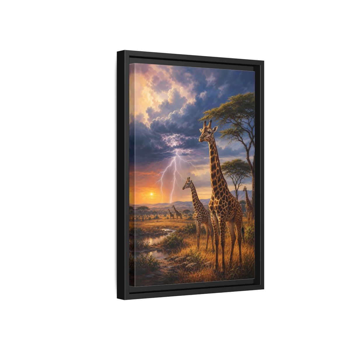 Side Mockup 6. Savanna Sunset Giraffes shown as framed canvas print