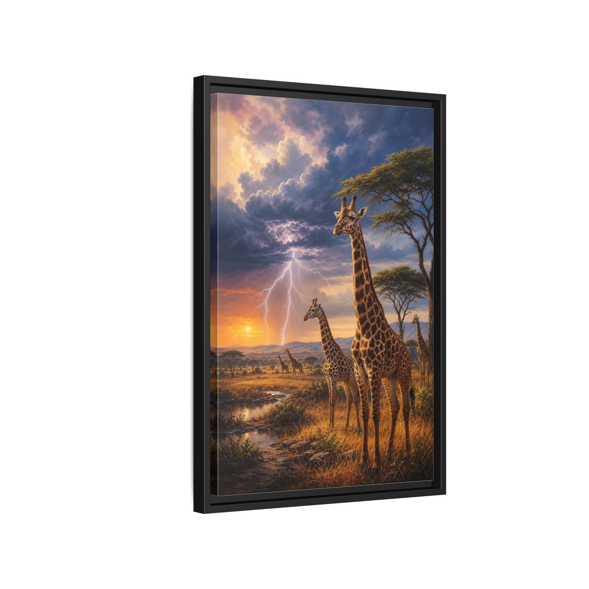 Side Mockup 3. Savanna Sunset Giraffes shown as framed canvas print