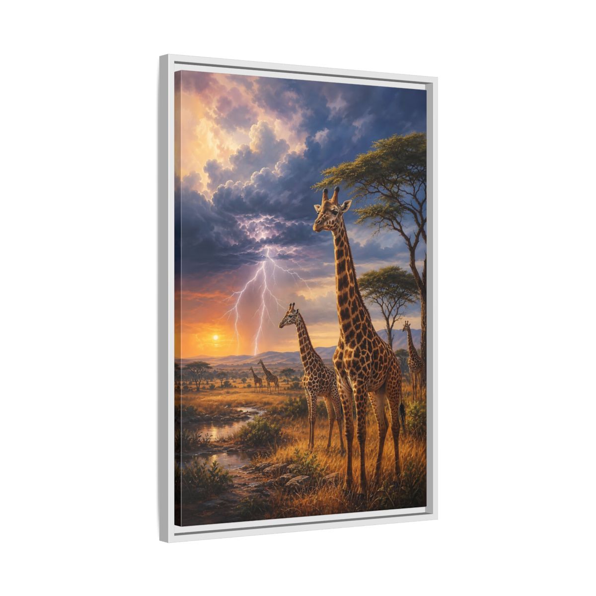 Side Mockup 10. Savanna Sunset Giraffes shown as framed canvas print