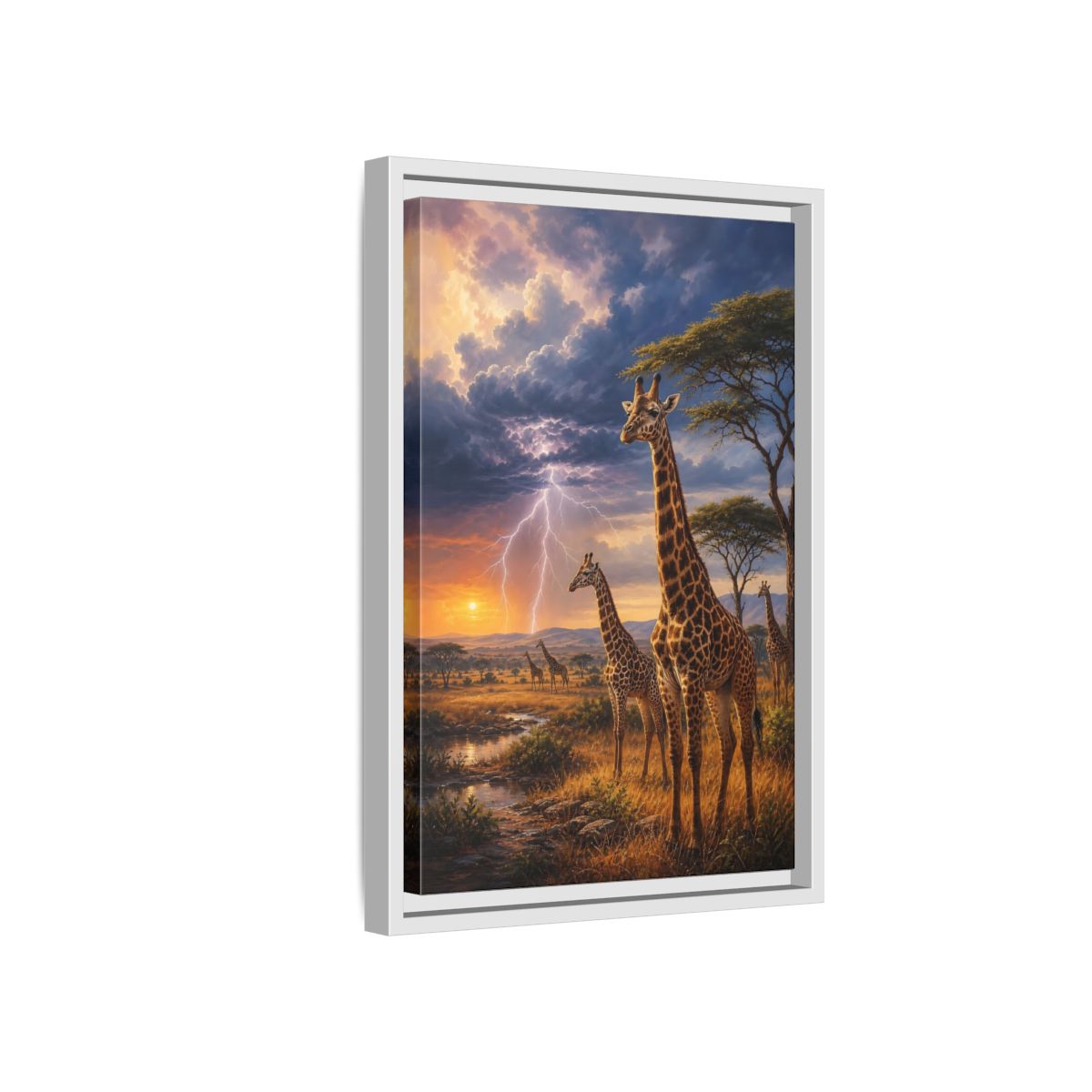 Side Mockup 4. Savanna Sunset Giraffes shown as framed canvas print