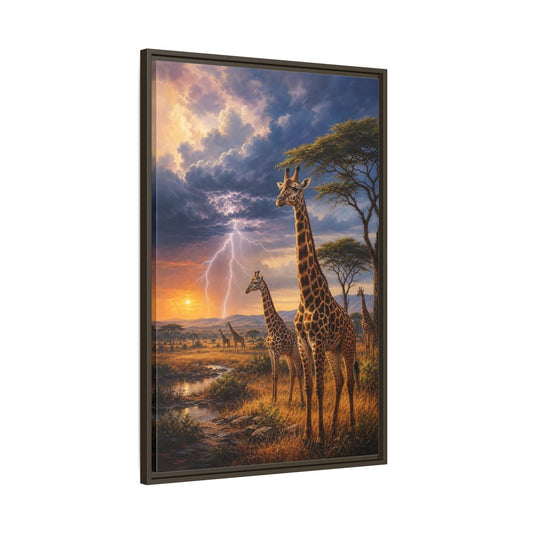 Main Mockup. Savanna Sunset Giraffes shown as framed canvas print