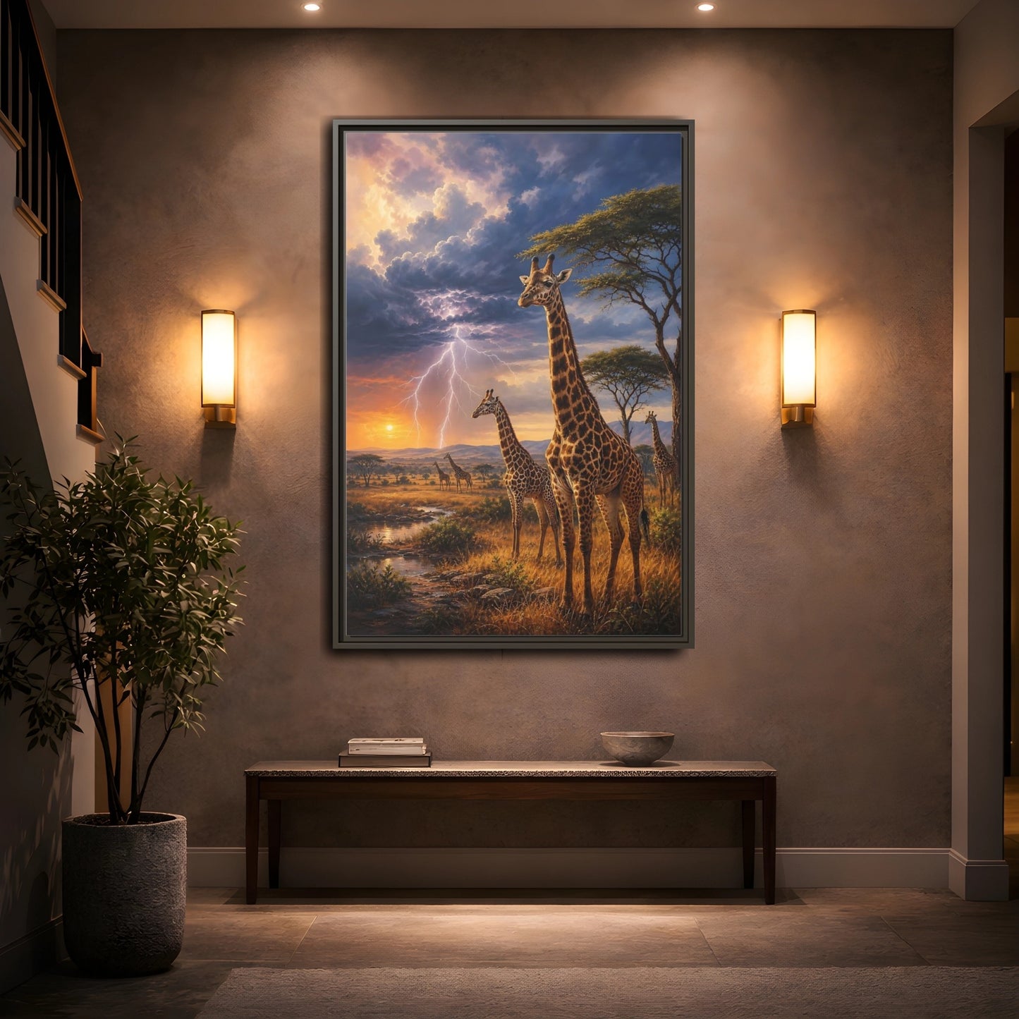 Mockup 2. Savanna Sunset Giraffes shown as framed canvas print