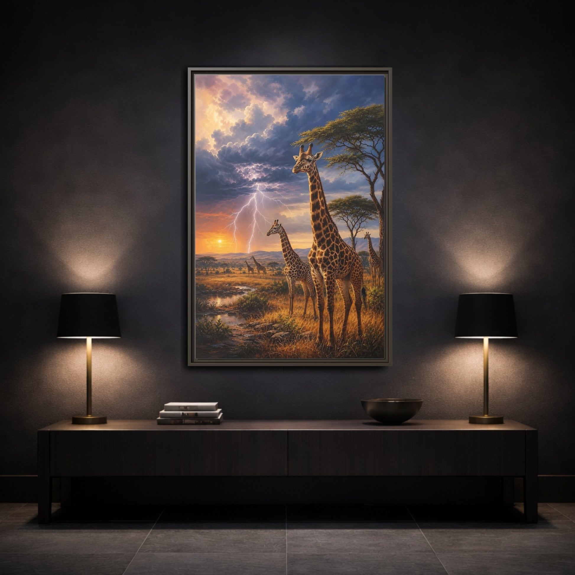 Mockup 3. Savanna Sunset Giraffes shown as framed canvas print