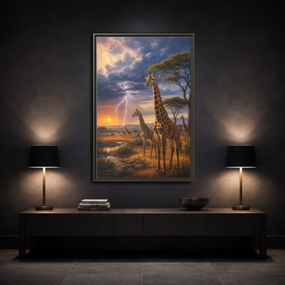 Mockup 3. Savanna Sunset Giraffes shown as framed canvas print
