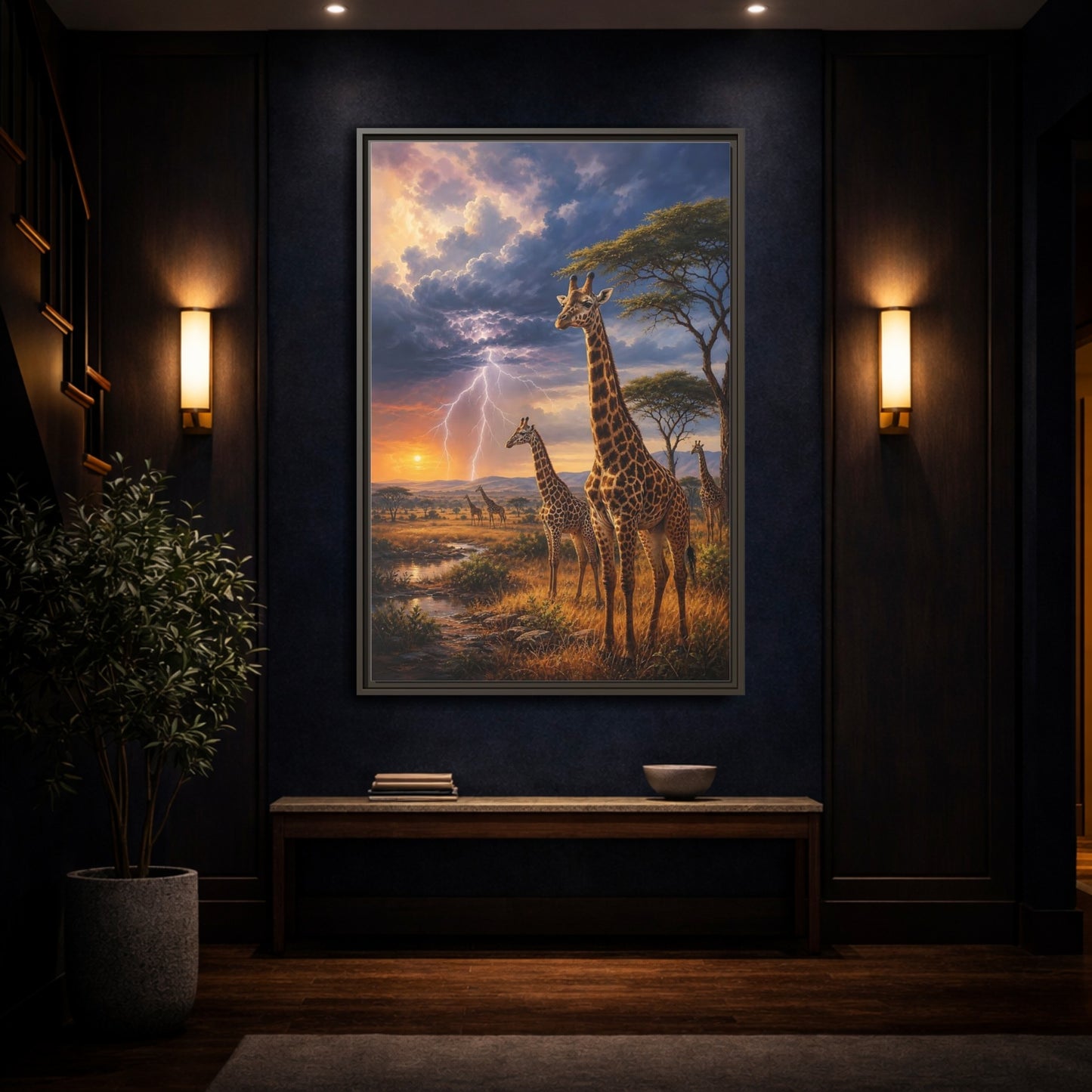 Mockup 4. Savanna Sunset Giraffes shown as framed canvas print