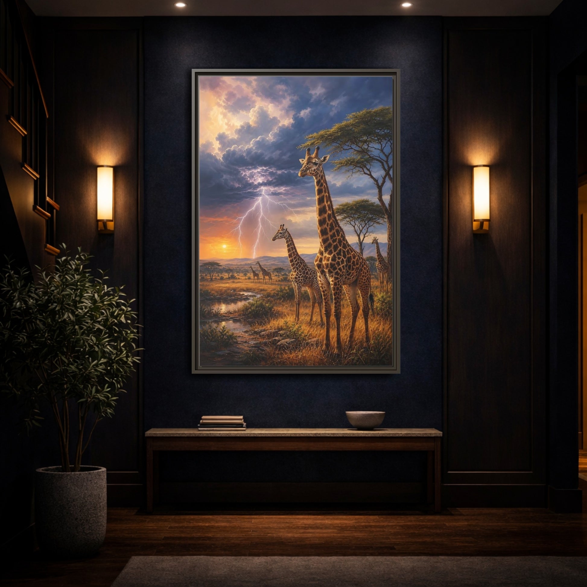 Mockup 4. Savanna Sunset Giraffes shown as framed canvas print