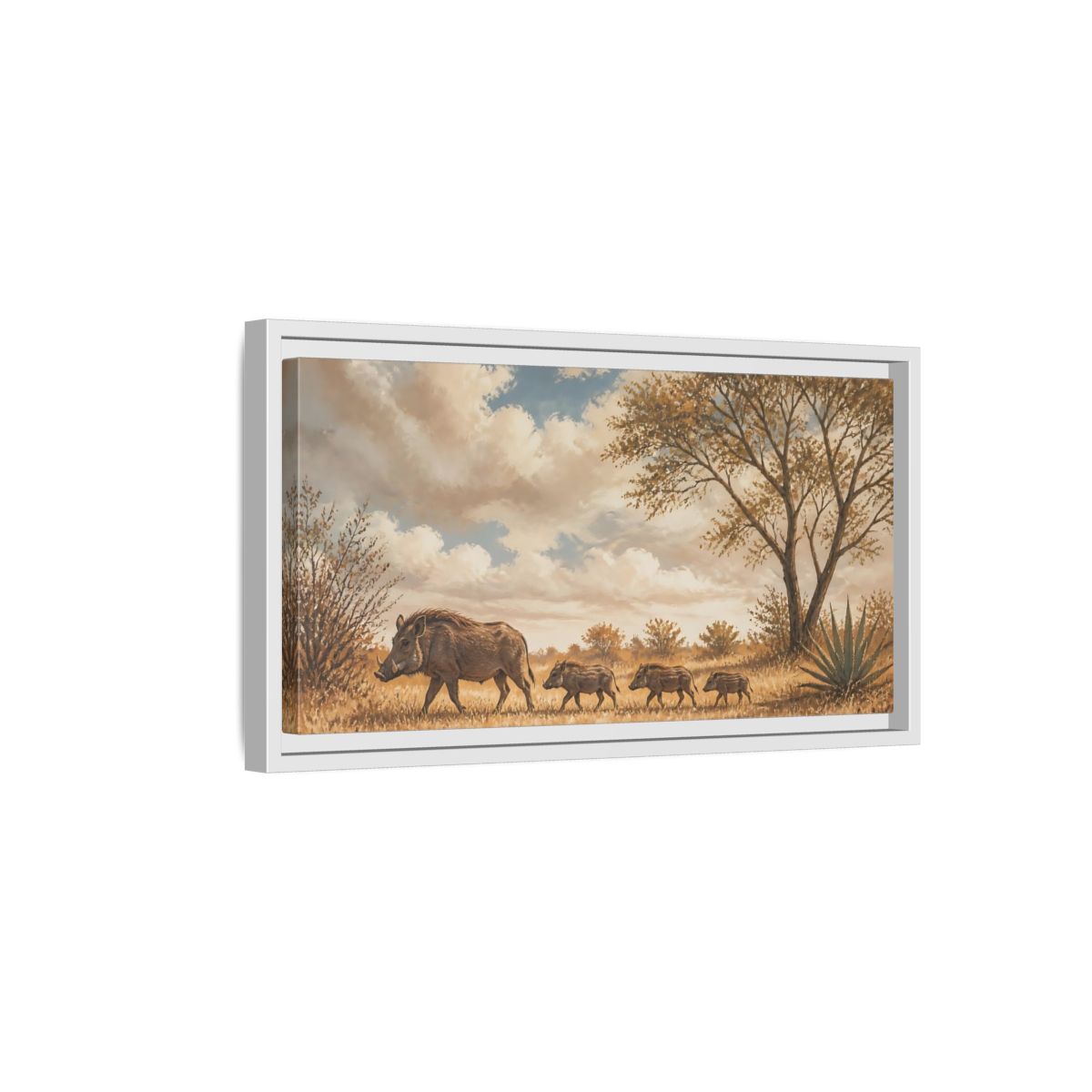 Side Mockup 6. Savanna Warthog Family shown as framed canvas print