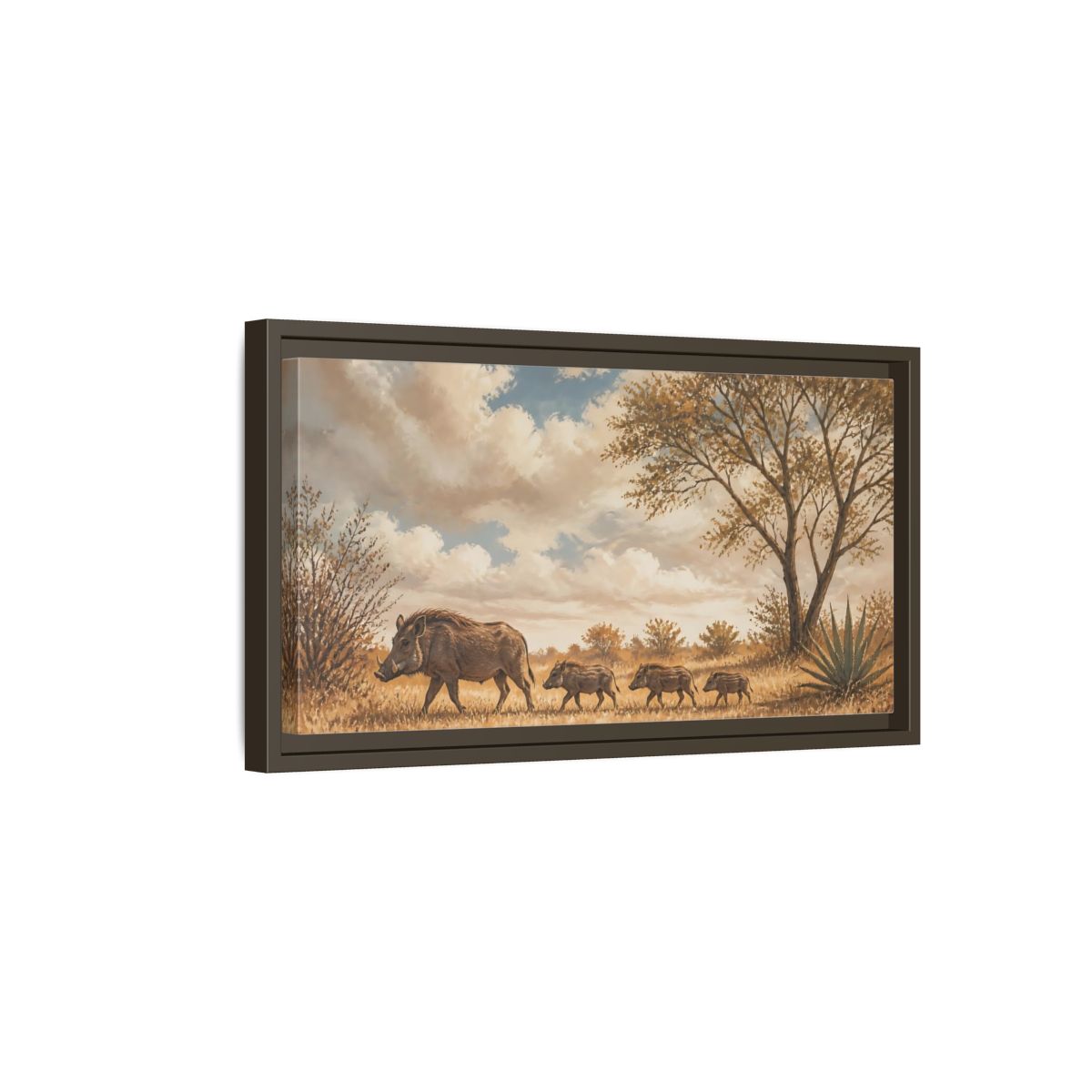 Side Mockup 7. Savanna Warthog Family shown as framed canvas print